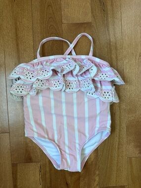 Janie and Jack Pink & White Striped Eyelet Ruffle One-Piece Swimsuit